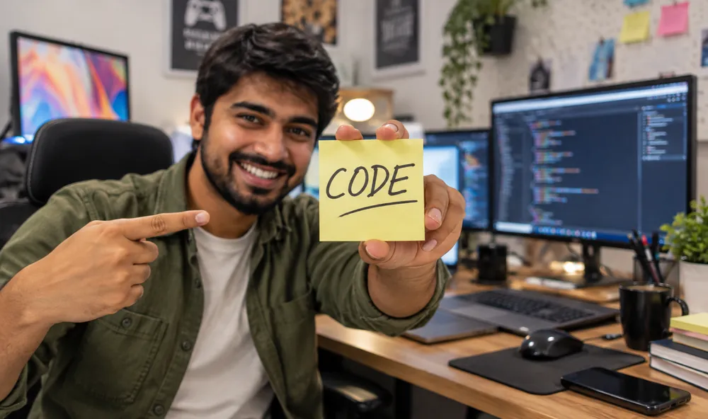 A smiling young developer holding up a sticky note that says CODE
