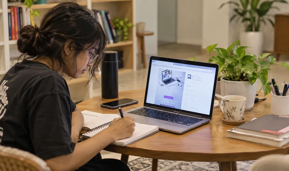 A learner taking notes while working on a laptop at home